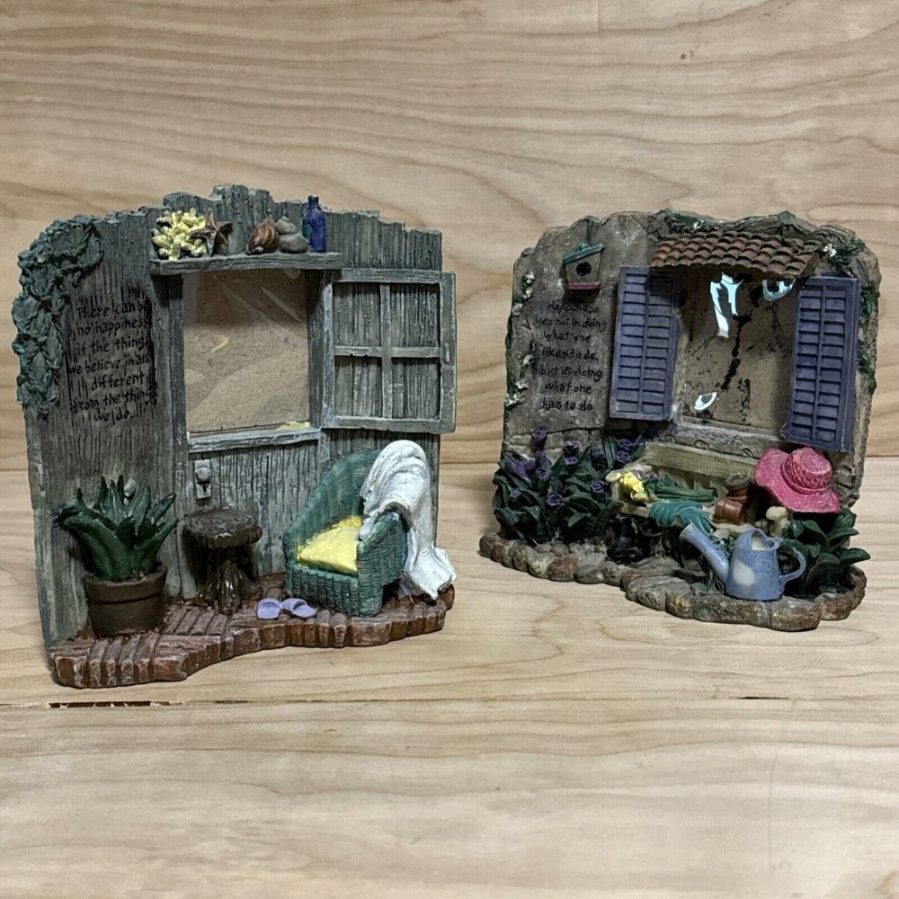 2 Vintage 1990s Cast Resin She Shed Gardening Photo Picture Frames